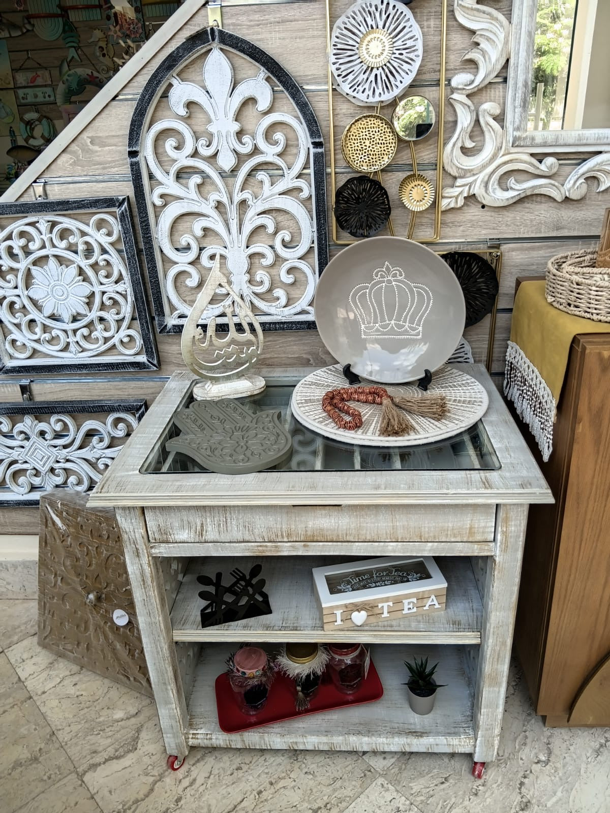Wooden Coffee & Tea Serving Table with Glass Top & Storage Drawers