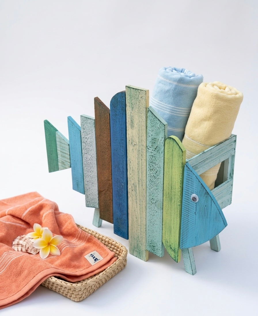 Handcrafted Wooden Fish Beach Towel Holder Basket