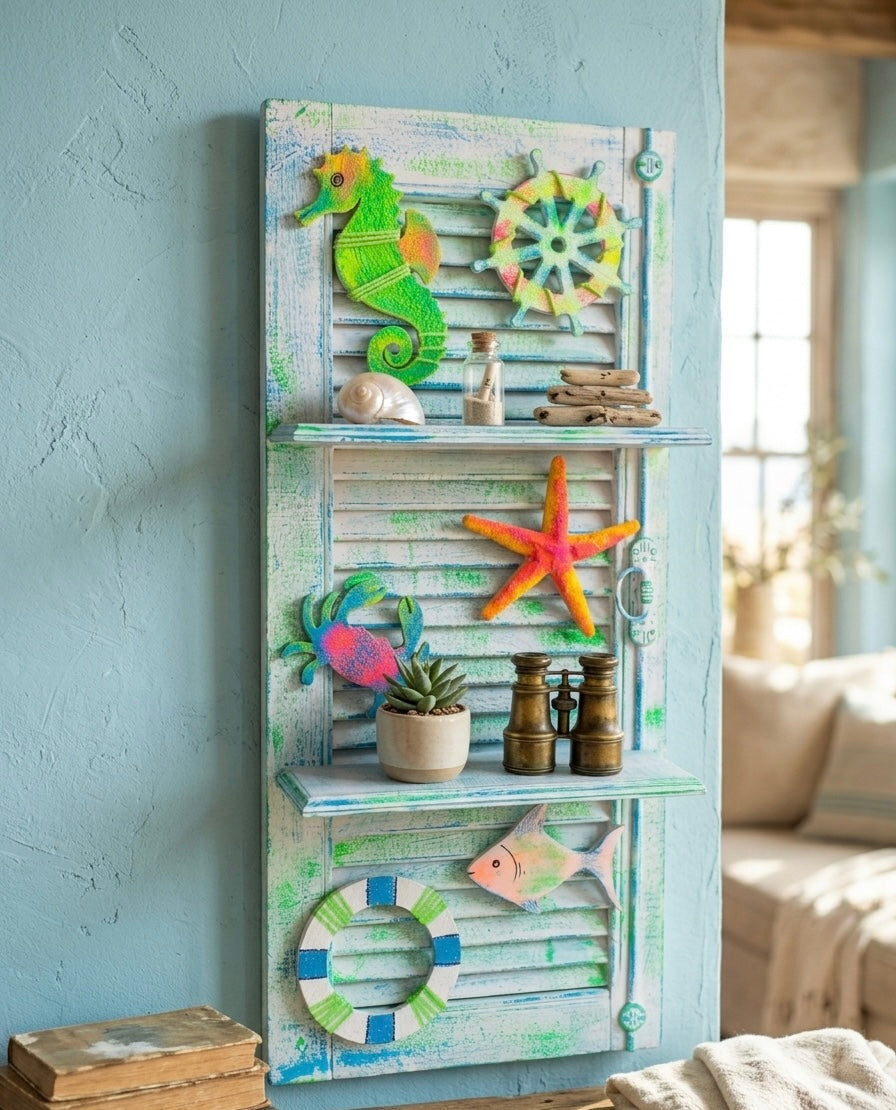 Coastal Shutter Wall Shelf with Nautical Accents