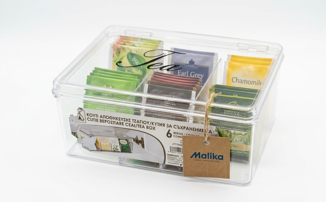 Malika Clear Acrylic Tea Storage Box – 6 Compartments