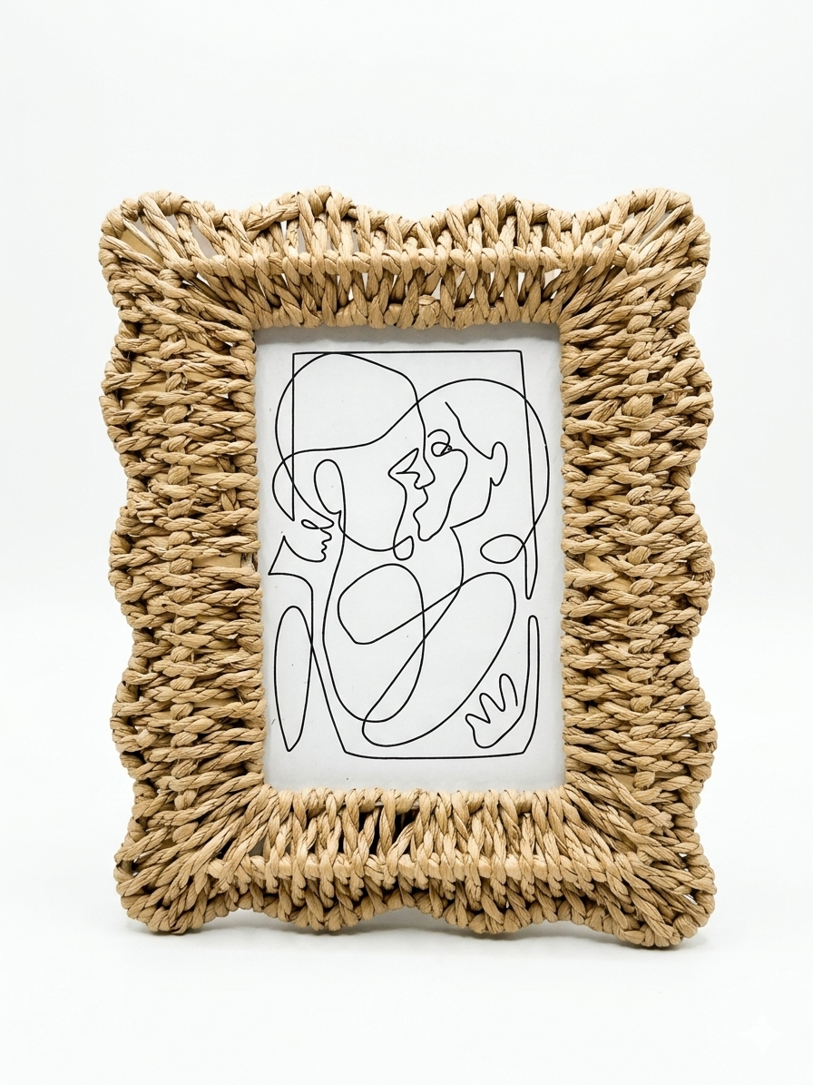 Hand-Woven Scalloped Rattan Photo Frame