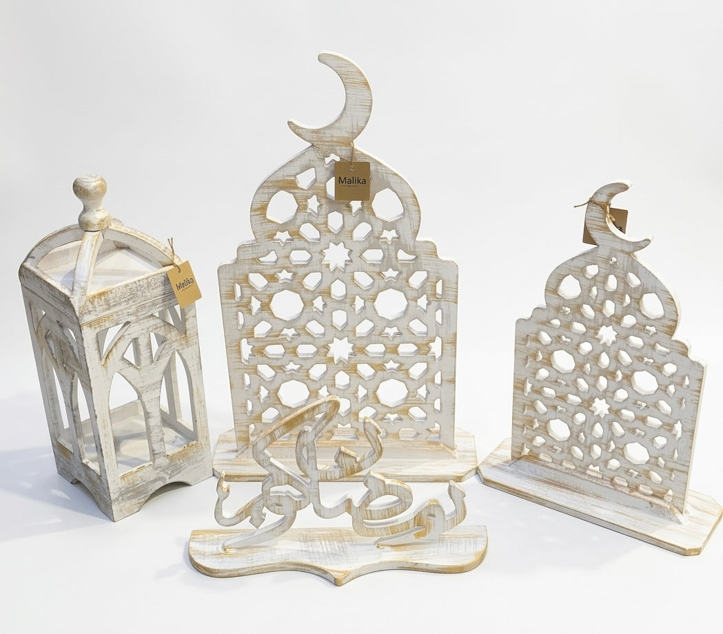 Rustic Whitewashed Ramadan Set – 4-Piece Islamic Home Accents