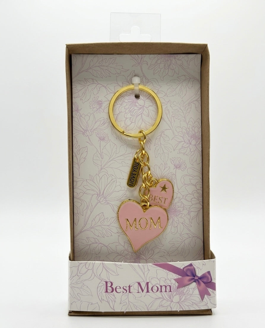 Best Mom" Gold & Pink Heart Keychain