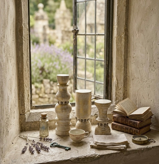 Hand-Carved Whitewashed Wooden Candle Holders with Brass Stud Accents (Set of 3)