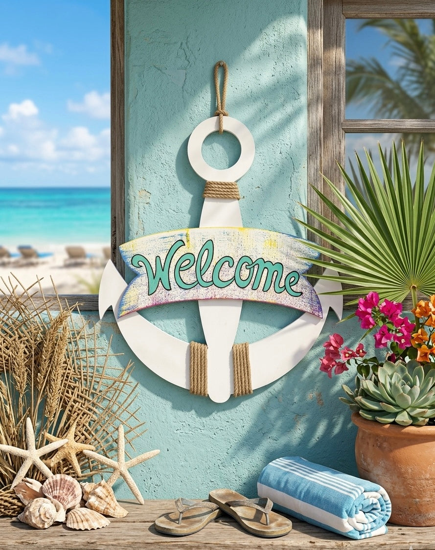 Artisanal Nautical Anchor "Welcome" Wall Art