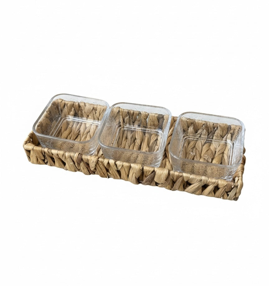 Hand-Woven Natural Fiber Serving Set | 3 Glass Bowls