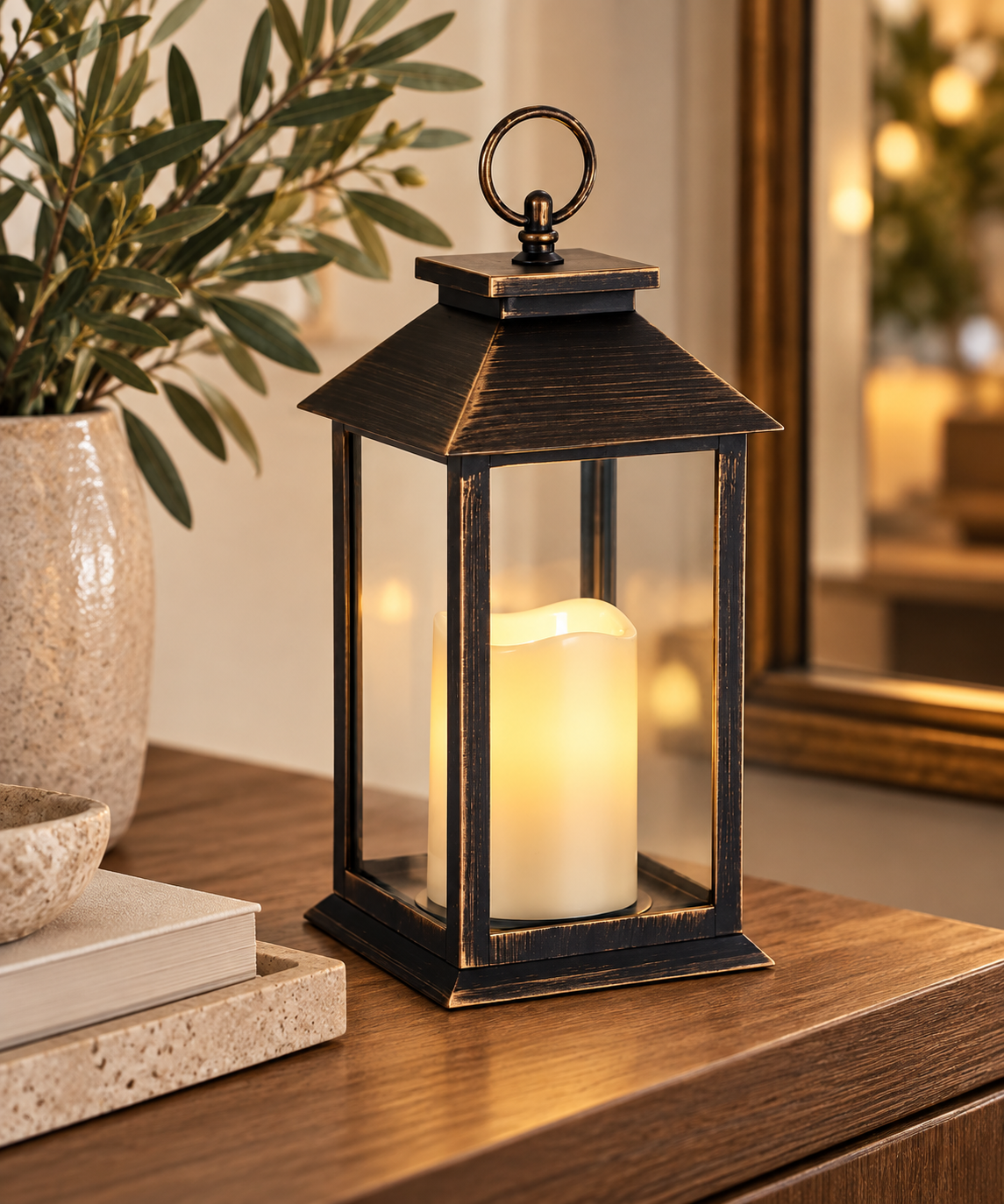 Metal oxide lantern with battery candle