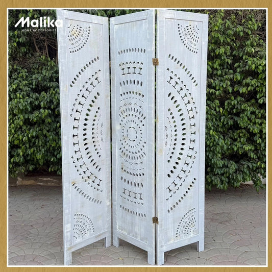 The Mandala Carved Wood Room Divider – Antique White
