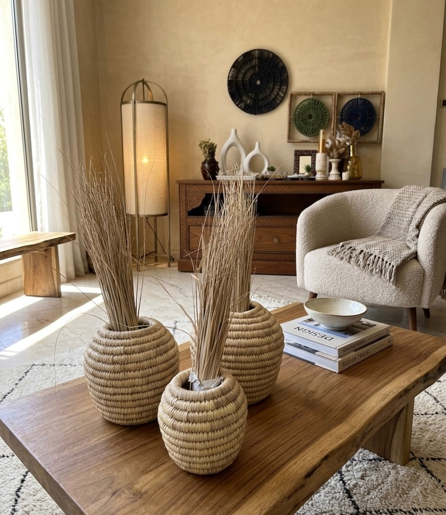 Artisanal Woven Seagrass Floor Vases with Dried Botanical Accents