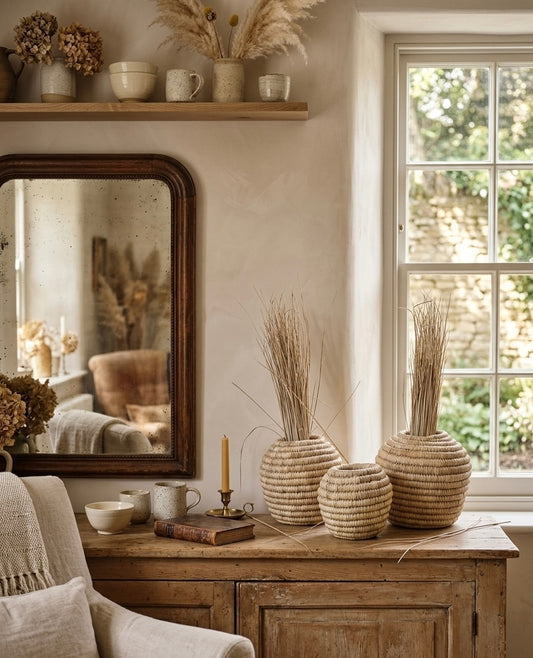 Artisanal Woven Seagrass Floor Vases with Dried Botanical Accents