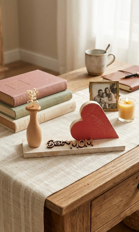 "Best Mom" Rustic Wooden Heart Decor with Candlestick Holder