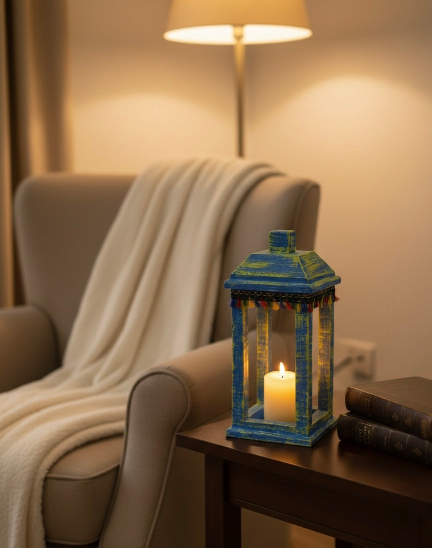 Joyful Heritage Lantern – Distressed Wood Decor with Colorful Trim