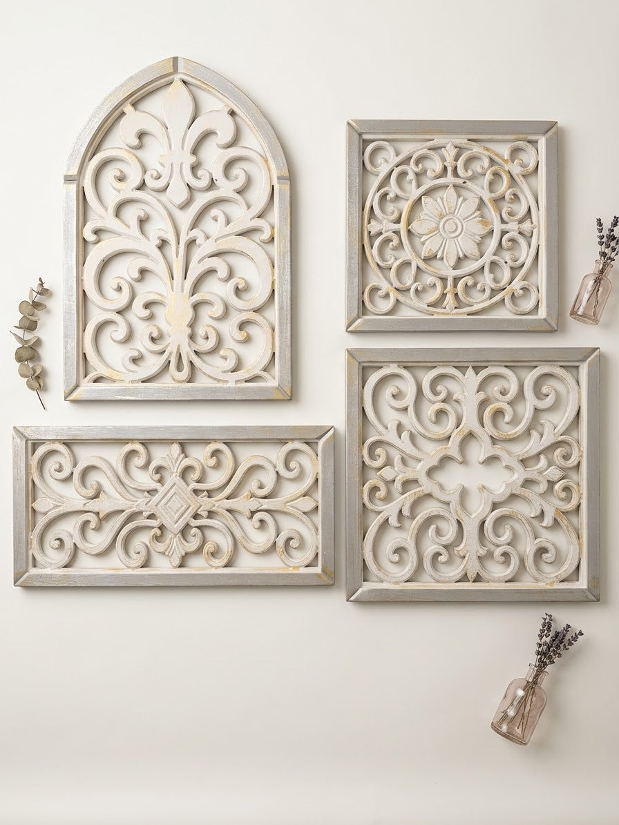 Hand-Carved Wooden Scrollwork Wall Art Set of 4