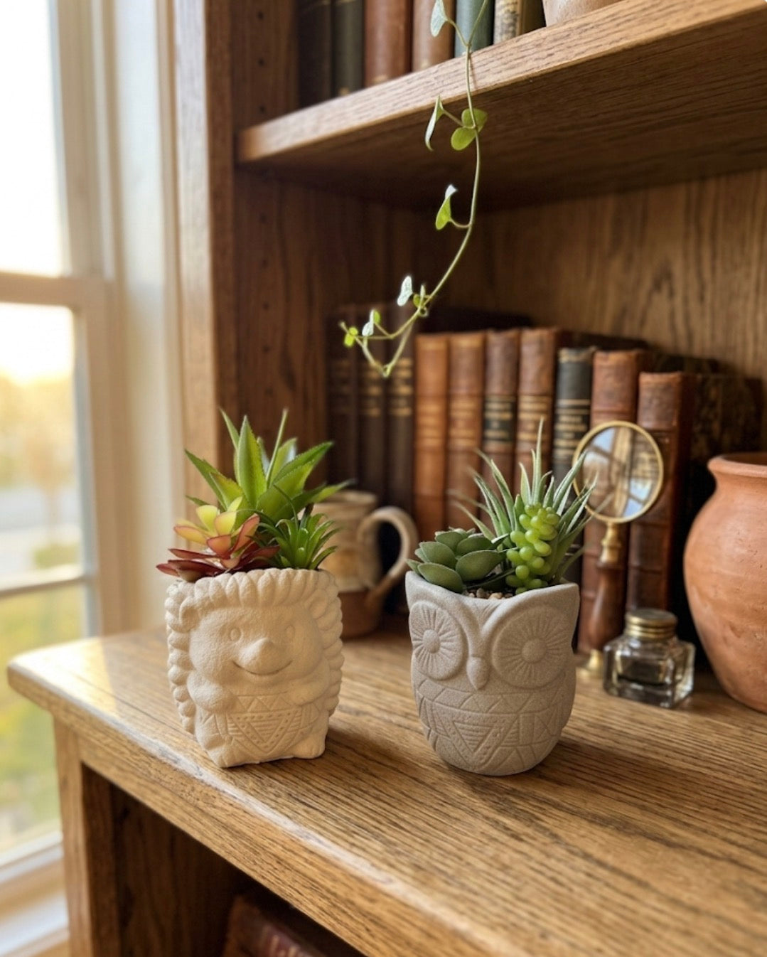 Whimsical Woodland Stoneware Planter with Artificial Succulents