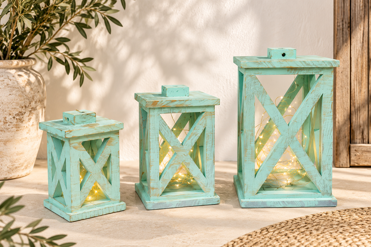 Hand-Finished Wooden Lantern Set with Fairy Lights