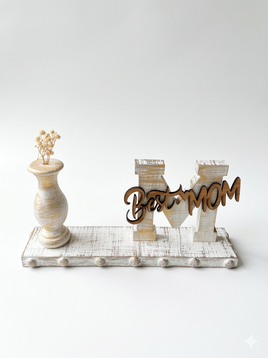 Rustic "Best Mom" Wooden "M" Centerpiece with Bud Vase