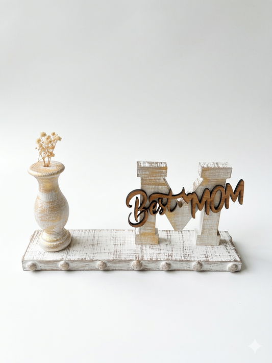 Rustic "Best Mom" Wooden "M" Centerpiece with Bud Vase