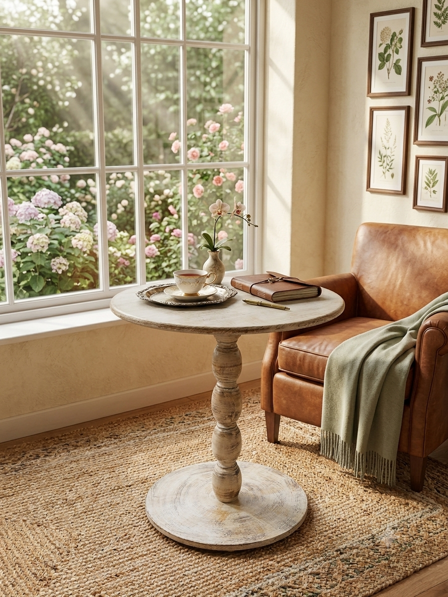 Rustic Hand-Carved Pedestal Side Table