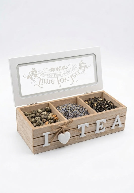 Rustic Wooden 3-Compartment Tea Organizer