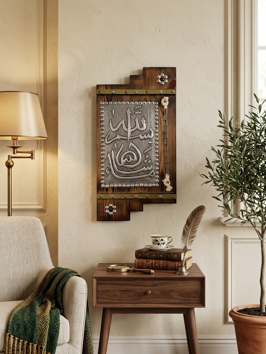 Handcrafted Wooden & Embossed Metal Islamic Wall Art (55 x 30 cm)