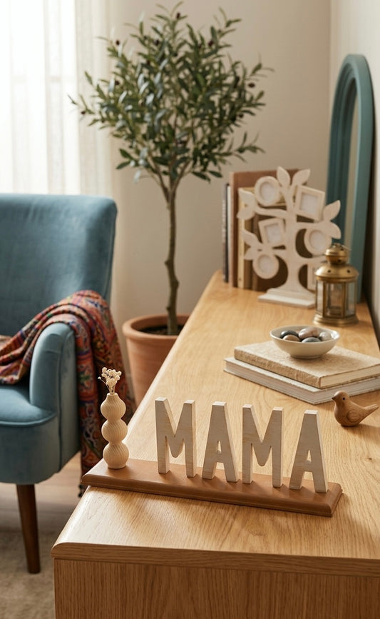 The "Mama" Tabletop Display: Handcrafted Wooden Decor with Bud Vase