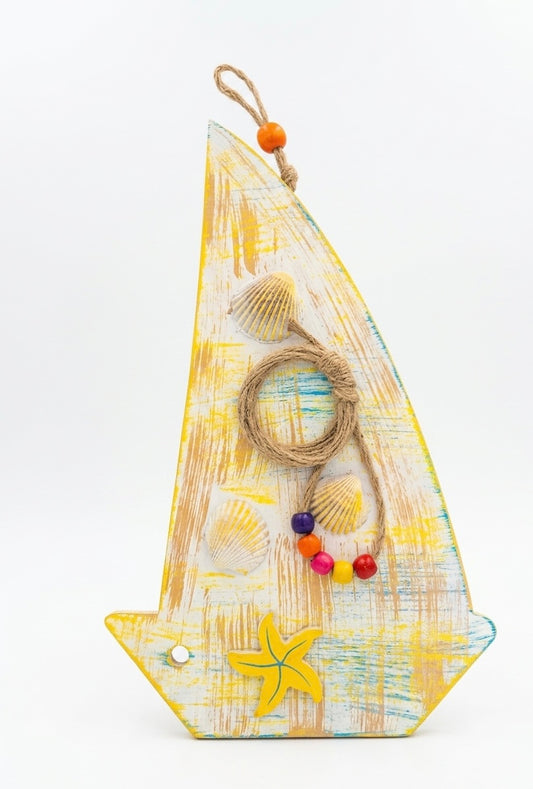Hand-Painted Distressed Wooden Sailboat Wall Art