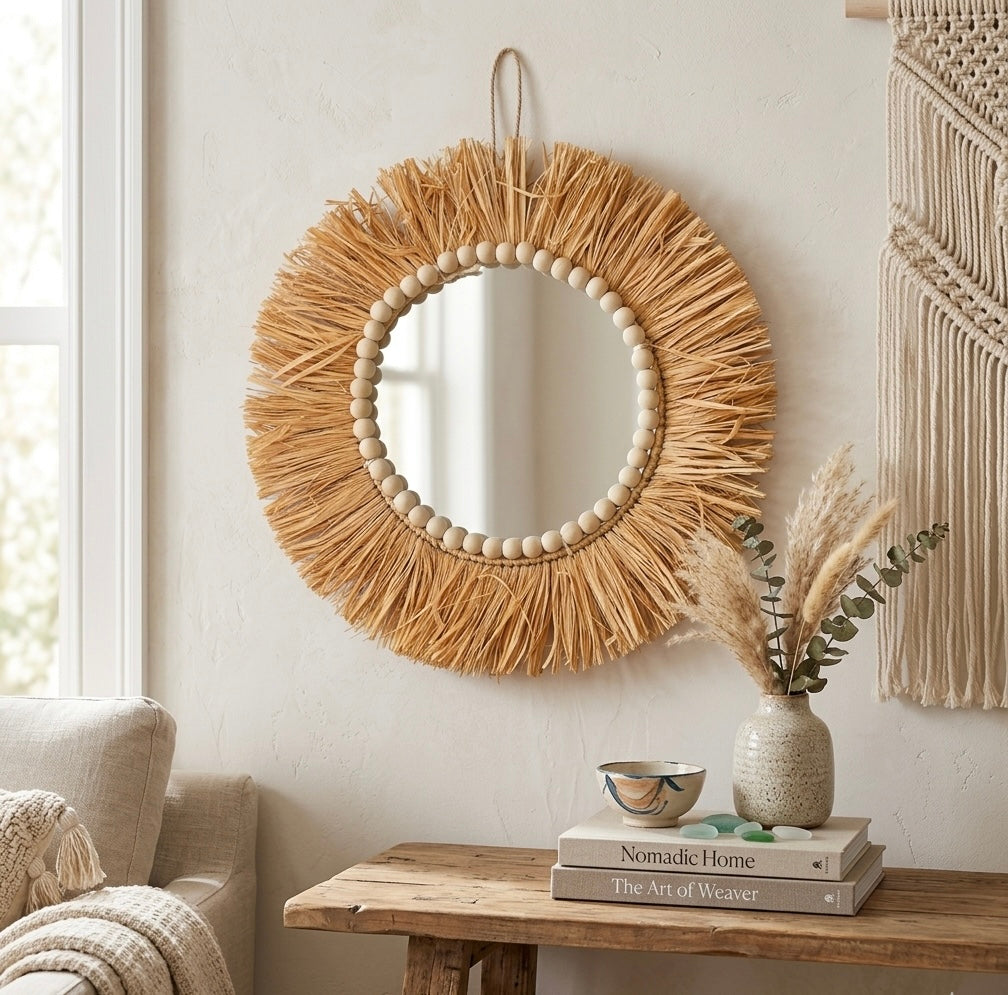 Oasis Raffia & Wooden Bead Fringe Wall Mirror