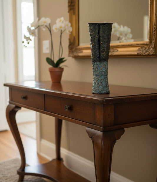 Antique Blue Embossed Metal Vase