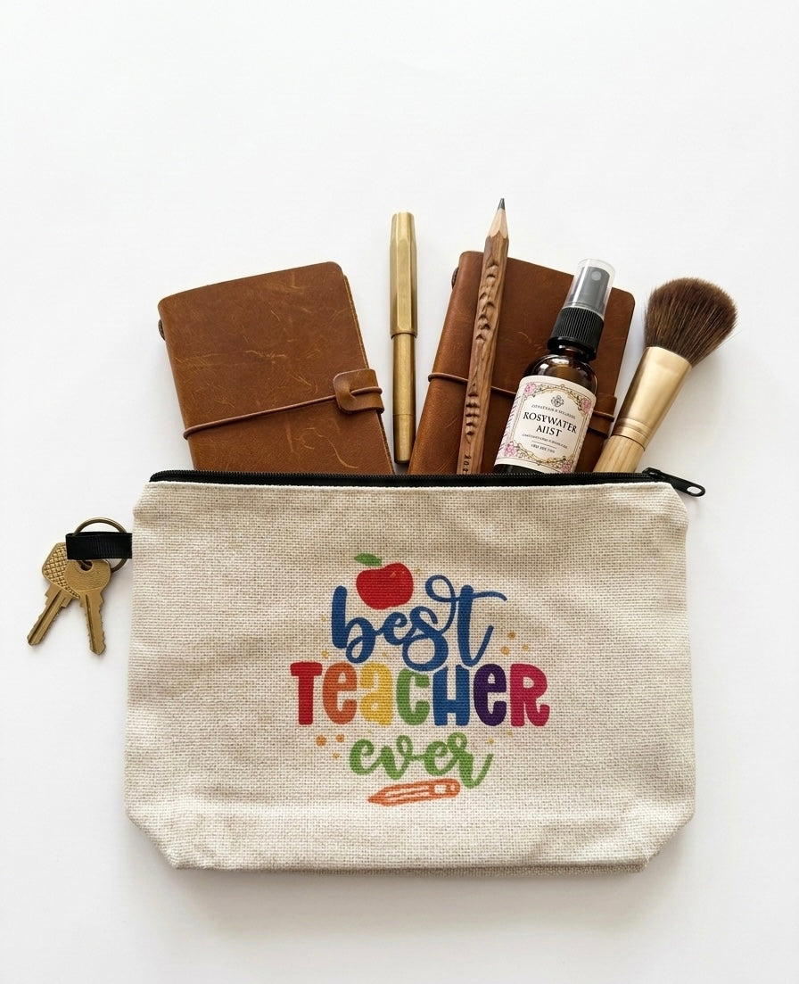 "Best Teacher Ever" Colorful Canvas Zipper Pouch & Organizer