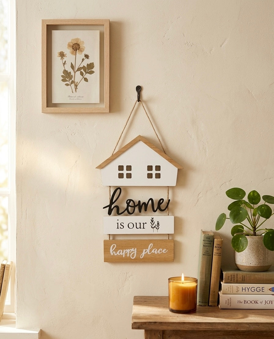 Rustic "Home Is Our Happy Place" Wooden Wall Hanging