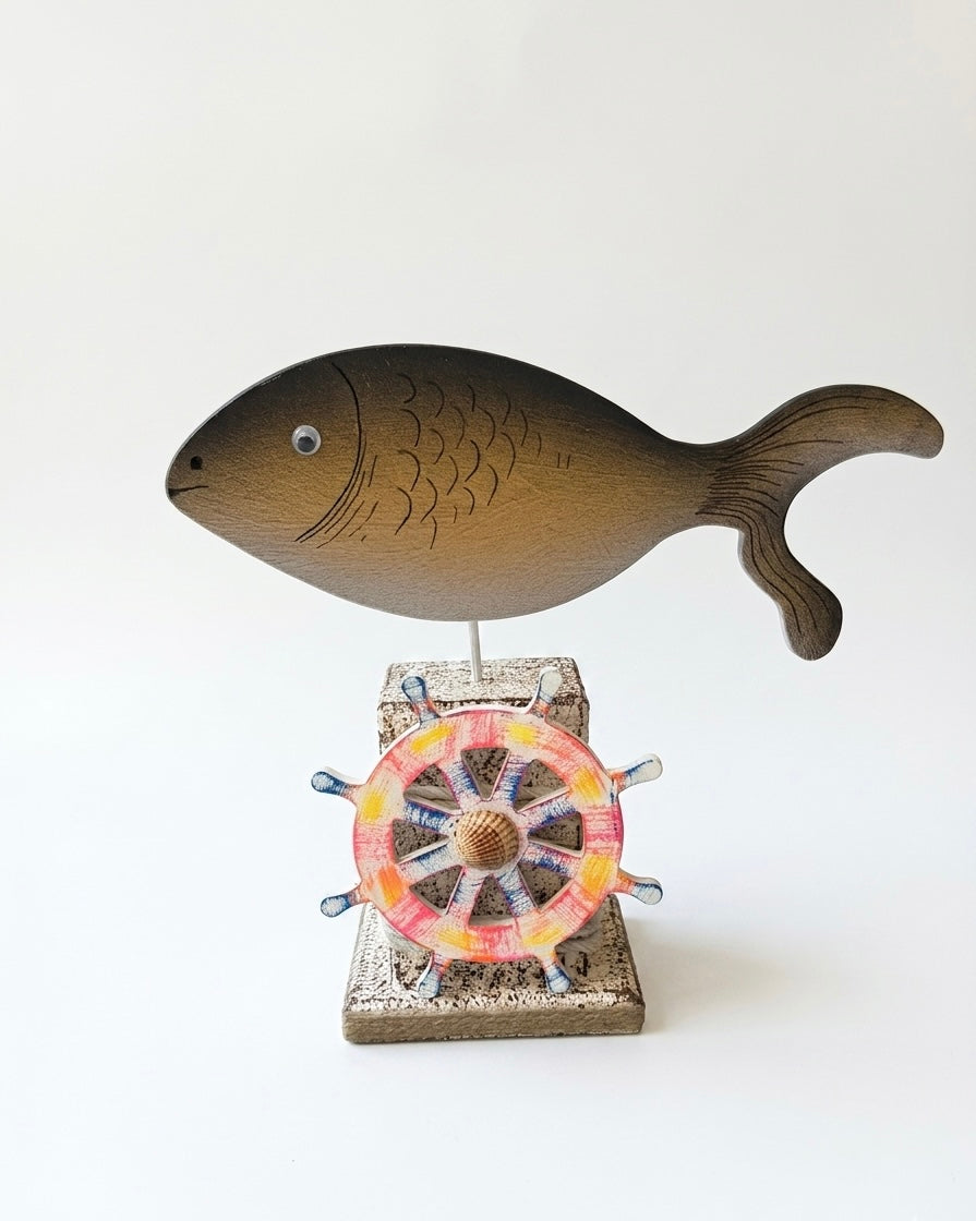 Handcrafted Coastal Fish Sculpture on Stand – Nautical Tabletop Accent