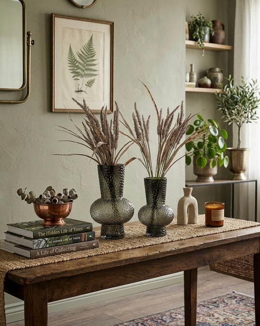 Textured Smoke Glass Vase with Dried Reed Accents