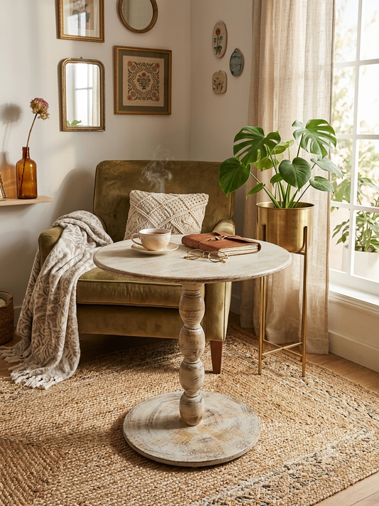 Rustic Hand-Carved Pedestal Side Table