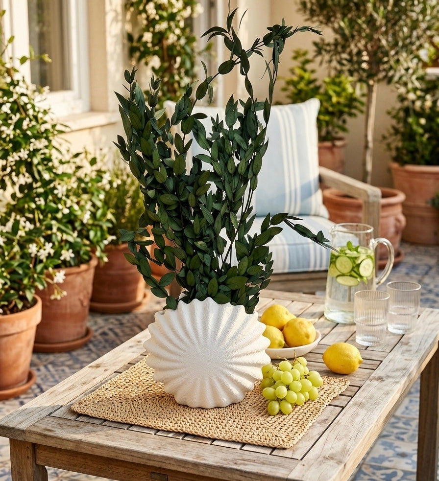 Radiant Shell Pottery Vase with Preserved Ruscus