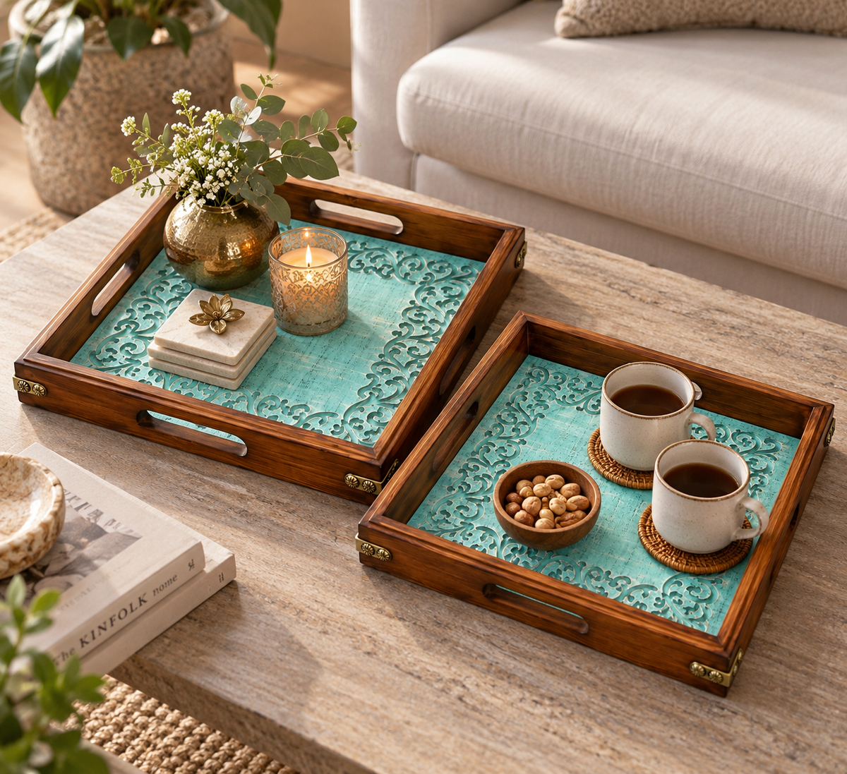 Heritage Carved Wooden Serving Tray Set