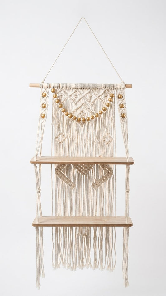 Handmade Macrame Wall Hanging Shelf with Wooden Accents