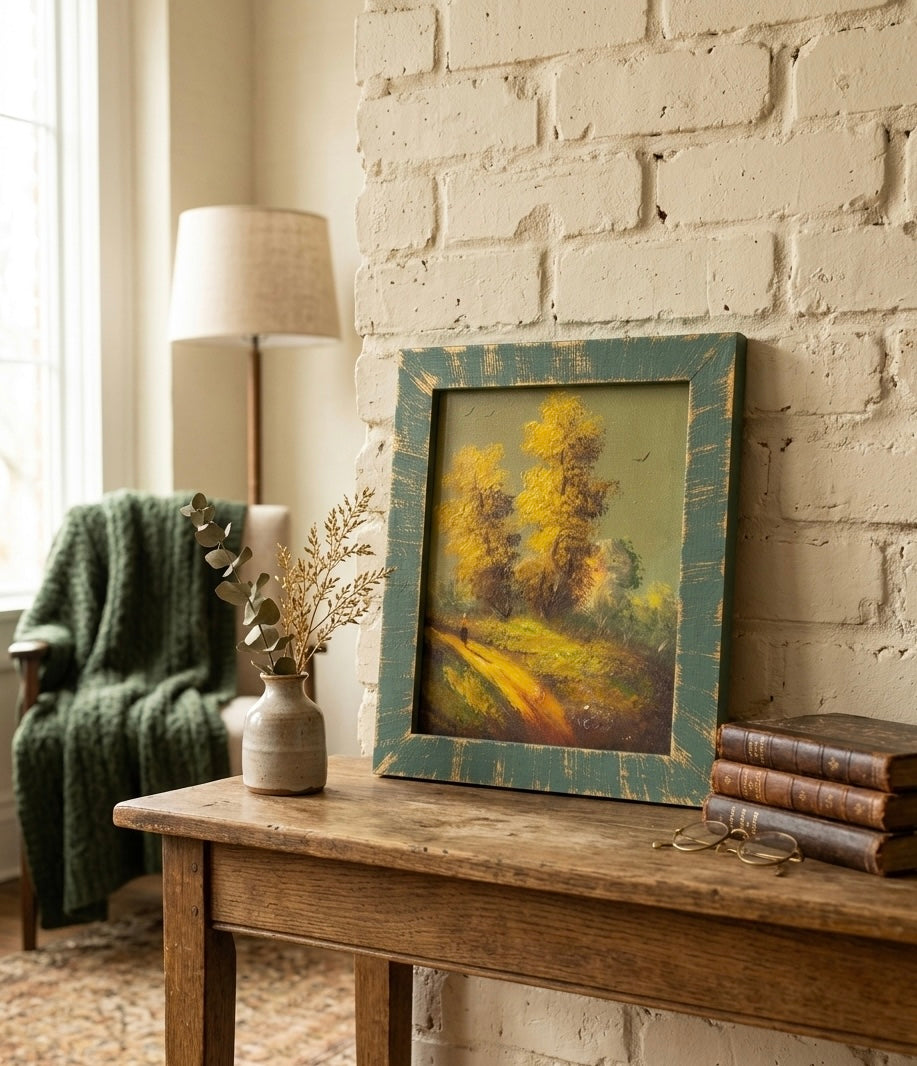 Vintage Countryside Oil Painting with Distressed Green Frame