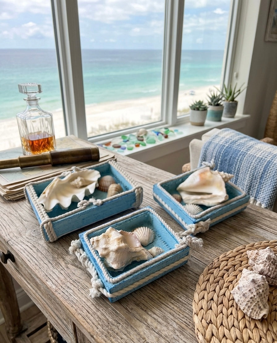 Ocean Breeze Coastal Wooden Shadow Boxes with Natural Seashells – Set of 3