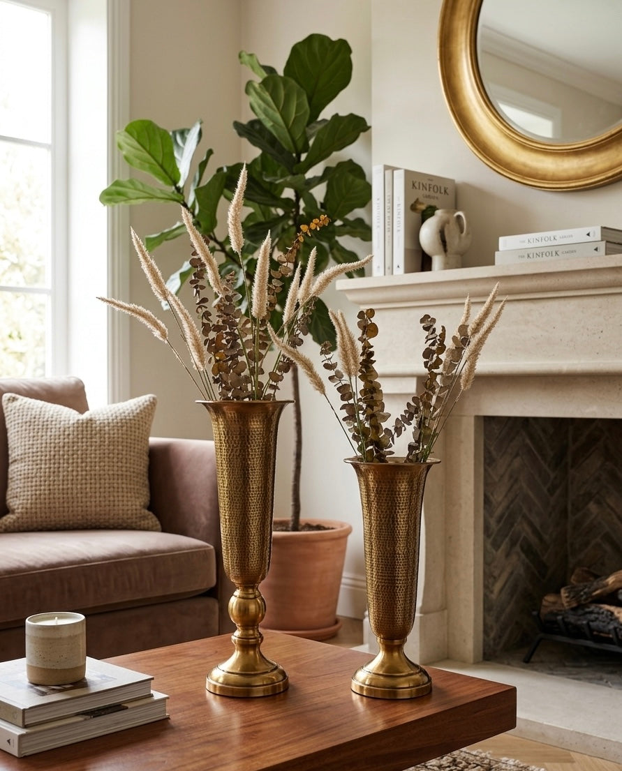 Hand-Hammered Metal Trumpet Vase Set with Natural Botanicals