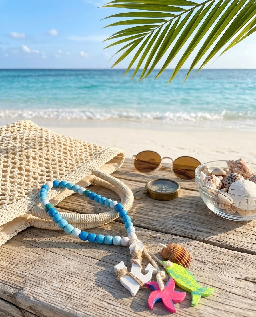 Coastal Wooden Bead Garland with Nautical Charms