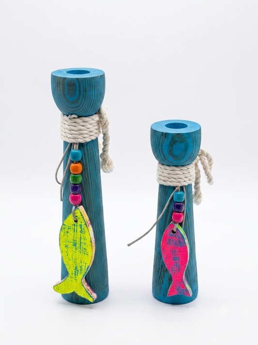 Artisan Handcrafted Pillar Candlesticks – Coastal Wood Design with Fish Accents, Pair