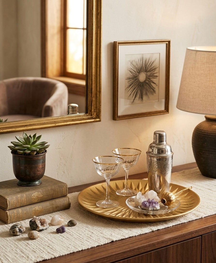 Geometric Aura Hand-Carved Gilded Wood Tray (40cm)