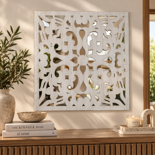 Arabesque White Lace Wall Mirror | Hand-Carved Intricate Wood Frame
