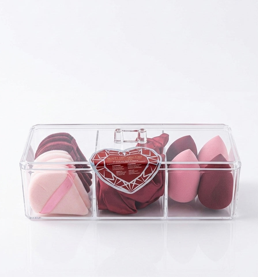 Beauty Essentials Kit: 3-Compartment Acrylic Organizer with Makeup Accessories
