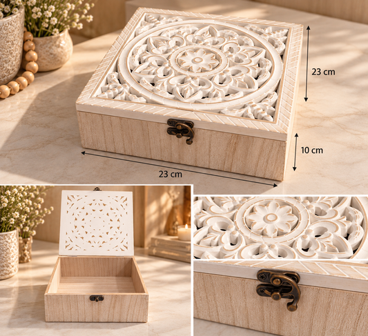Ornate Carved Wooden Keepsake Box – White & Natural Wood