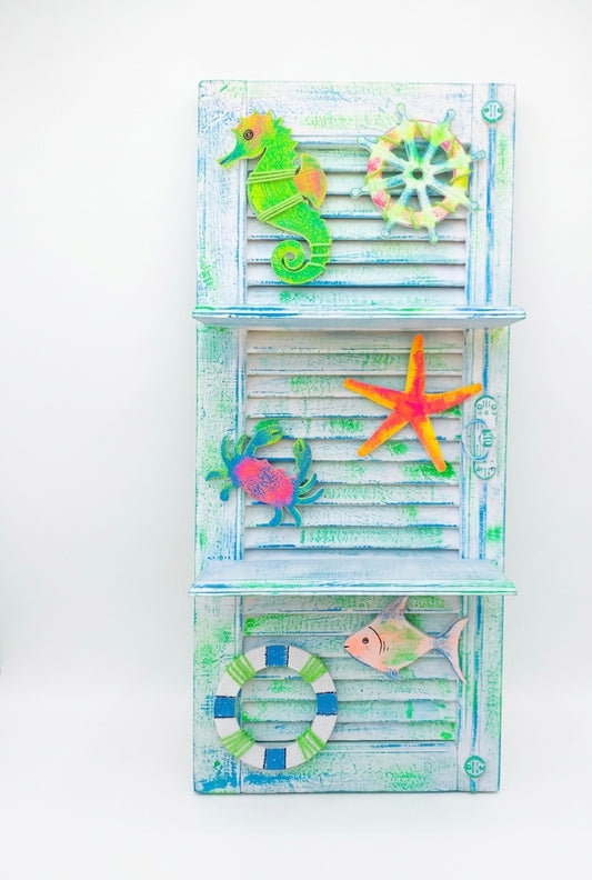 Coastal Shutter Wall Shelf with Nautical Accents