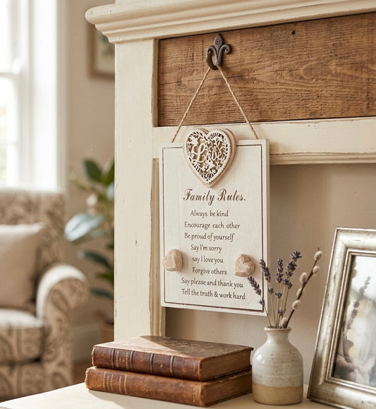 Rustic "Family Rules" Wooden Heart Wall Plaque