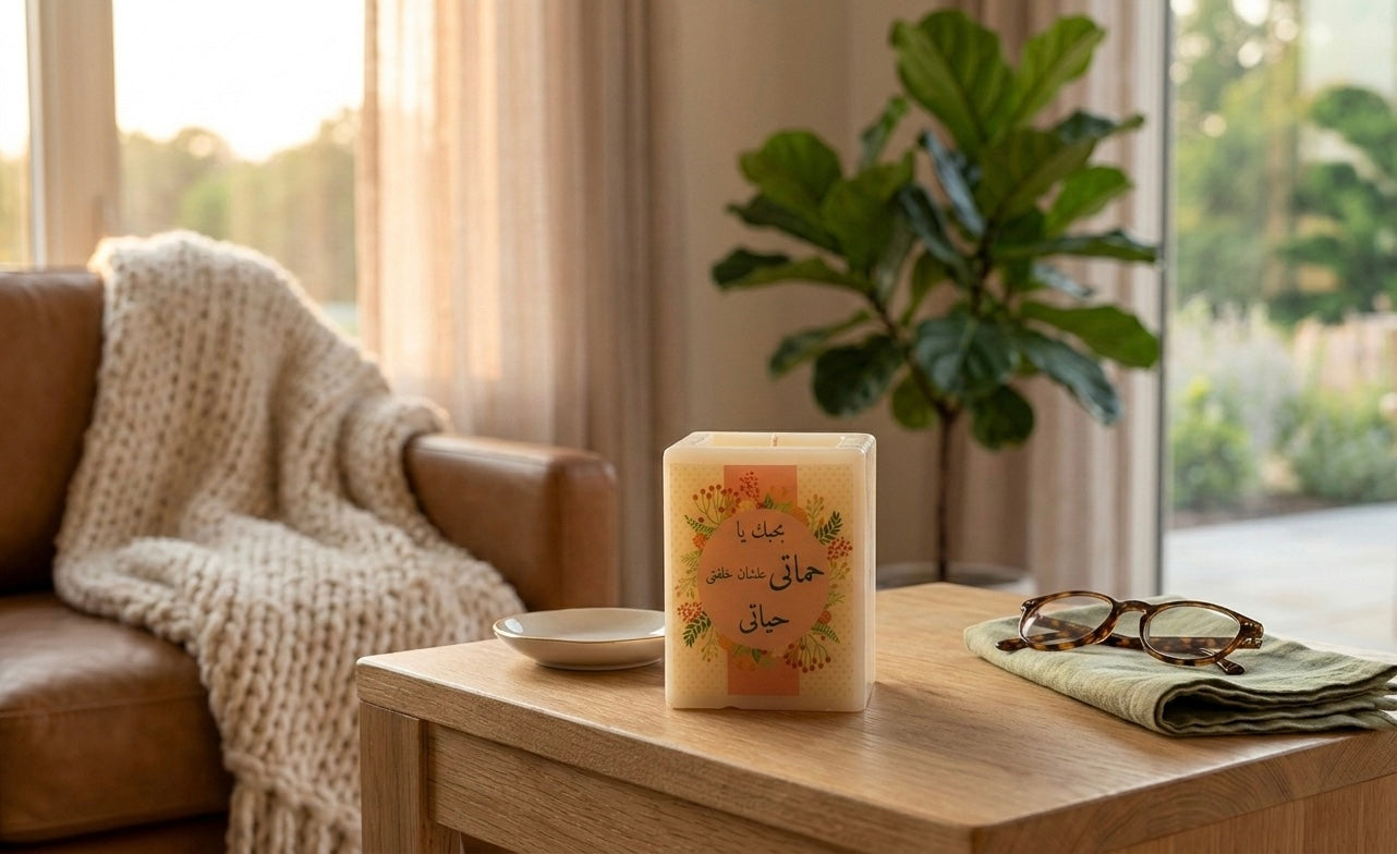 "My Life’s Gift" Floral Tribute Candle – Arabic Calligraphy Square Pillar
