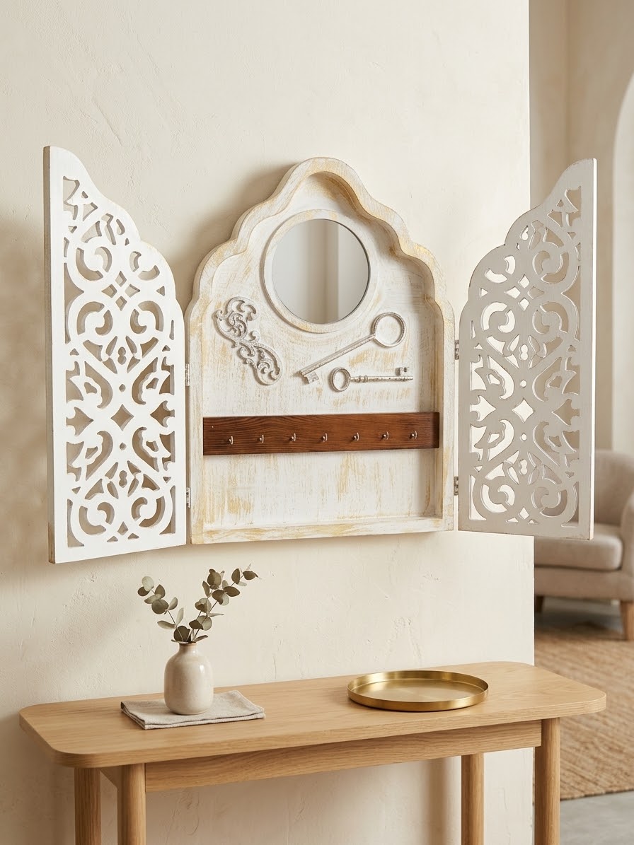 Handcrafted Rustic Wooden Key Cabinet & Mirror Wall Art 