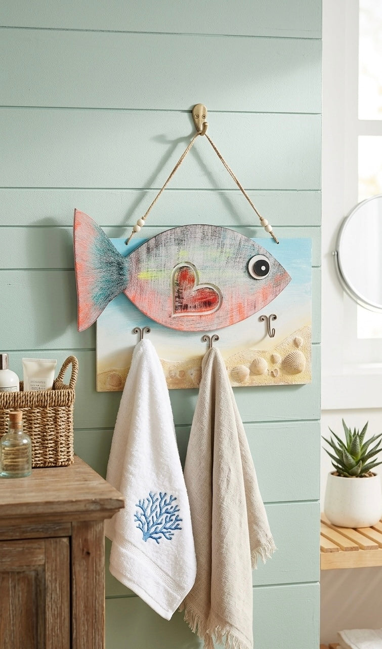 Artisanal Hand-Painted Nautical Fish Key or towel Holder